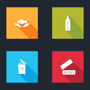 Balık bakımını, losyon kozmetik tüpünü, çöp tenekesini ve beslenme çantası simgesini ayarla. Vektör.