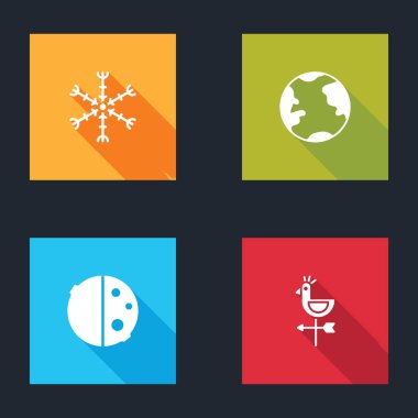 Snowflake, Earth Globe, Güneş tutulması ve Horoz rüzgar gülü ikonu. Vektör.