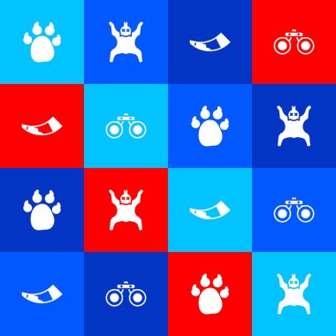 Pençe izi, ayı derisi, av boynuzu ve dürbün simgesini ayarla. Vektör.