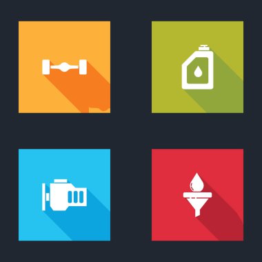 Chassis arabasını ayarla, motor yağı için teneke kutuyu, motoru ve huniyi kontrol et ve ikonu bırak. Vektör.