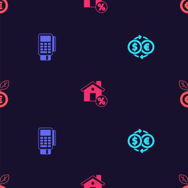 Para transferini ayarla, kredi kartlı POS terminali, indirimli konut kredisi ve pürüzsüz bir Euro fabrikası. Vektör