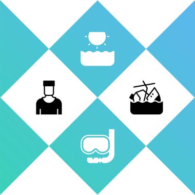 Denizci kaptanı, dalış maskesi ve şnorkel, güneş ve batan yolcu gemisi ikonu. Vektör