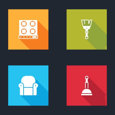 Gaz sobası, boya fırçası, Kol Sandalyesi ve Kauçuk pompa ikonu. Vektör