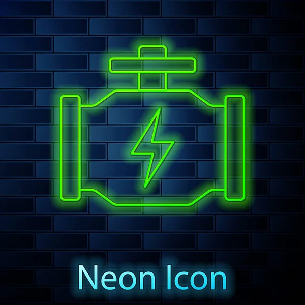 Gloeiende Neon Lijn Controleer Motor Pictogram Geïsoleerd Baksteen Muur Achtergrond — Stockvector
