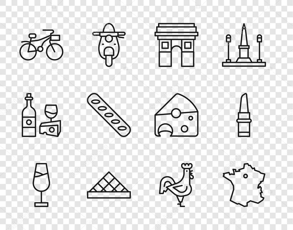 Set line Wine glass, Map of France, Triumphal Arch, Louvre museum, Bicycle, French baguette bread, rooster and Lipstick icon. Vector