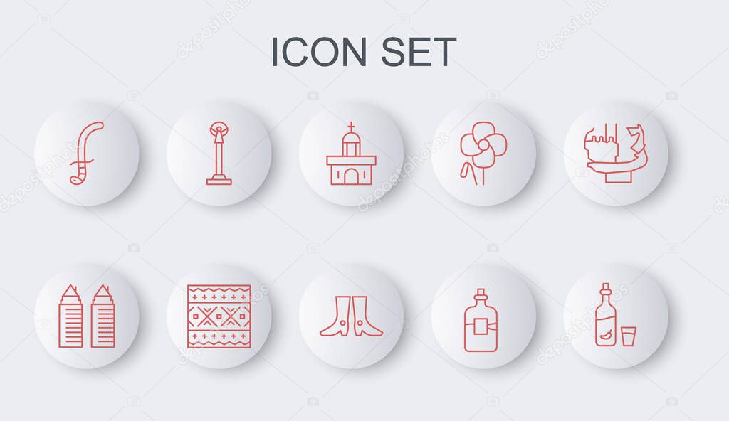Set line Vodka with pepper and glass, Two towers in Dnipro, Church building, Bottle of vodka, Medieval sword, Monument Independence, Ukrainian ethnic pattern and footwear icon. Vector