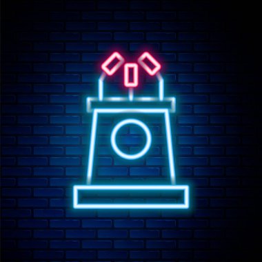 Parlayan neon hattı sahne standı ya da podyum kürsüsü ikonu tuğla duvar arkasında izole edilmiş. Konferans konuşma tribünü. Renkli taslak konsepti. Vektör.