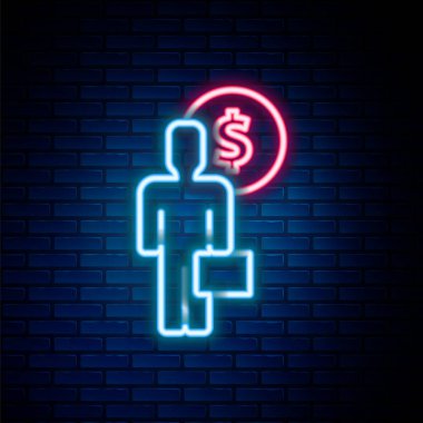 Parlayan neon hattı iş adamı, tuğla duvar arkasında izole edilmiş zihin ikonu planlıyor. Dolarlı insan kafası. Para kazanmak için bir fikir. Yatırım artışı. Renkli taslak konsepti. Vektör.