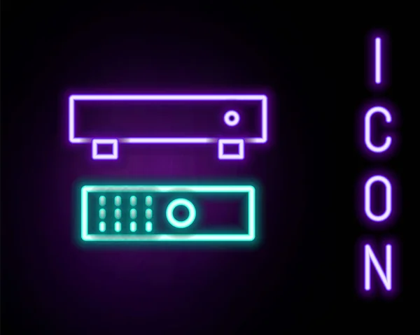 发光的霓虹灯线多媒体和电视盒子接收机和播放器与远程控制器图标隔离在黑色背景 五彩缤纷的概念 — 图库矢量图片