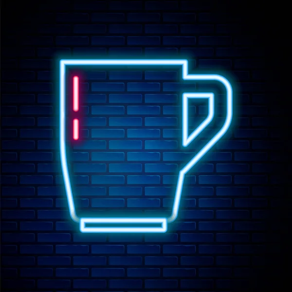Светящийся Неоновая Линия Кофейная Чашка Значок Изолирован Фоне Кирпичной Стены — стоковый вектор