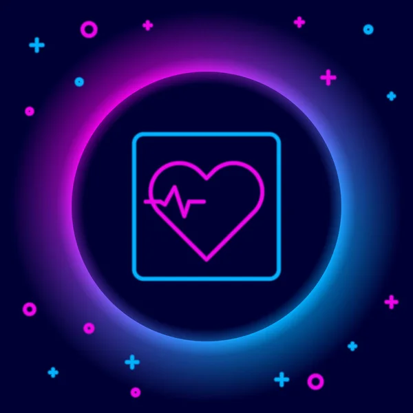 Leuchtende Leuchtschrift Herzfrequenzsymbol Isoliert Auf Schwarzem Hintergrund Herzschlagzeichen Herzpuls Symbol — Stockvektor