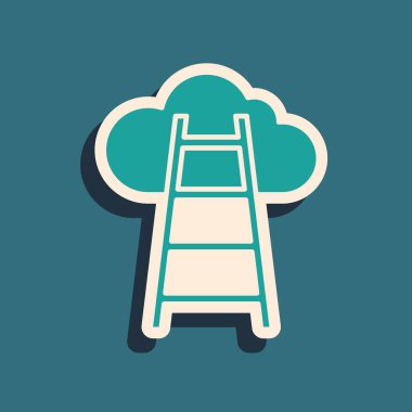 Yeşil zemin üzerinde bitiş bayrağı simgesi olan yeşil merdiven. Kariyer gelişimi konsepti. İş geliştirme kavramı. Uzun gölge tarzı. Vektör.