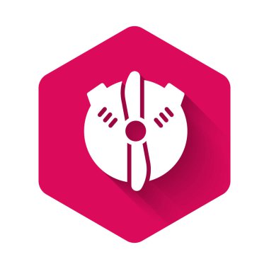 Beyaz Uçak pervane simgesi uzun gölge arkaplanı ile izole edildi. Klasik uçak pervanesi. Pembe altıgen düğmesi. Vektör.