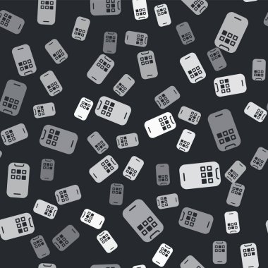 Gri Mobil Uygulamalar simgesi siyah arkaplandaki kusursuz deseni izole etti. Ekran simgeli akıllı telefon, uygulamalar. Cep telefonu ekranı görünüyor. Vektör