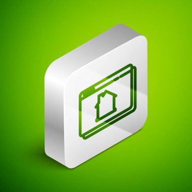 Tarayıcı simgesindeki Isometric Line Online emlak evi yeşil arka planda izole edildi. Ev kredisi konsepti, kira, satın alma, mülk alma. Gümüş kare düğme. Vektör.