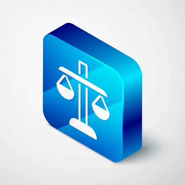 灰色の背景に分離された正義のアイコンの等方性スケール 裁判所のシンボル バランス スケール サイン 青い四角形のボタン ベクトル — ストックベクタ