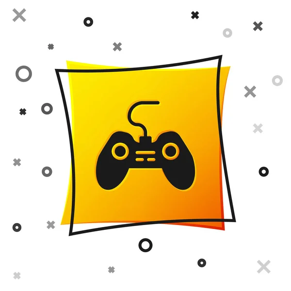 白い背景に隔離されたブラックゲームパッドのアイコン ゲームコントローラー 黄色い四角形のボタン ベクトル — ストックベクタ