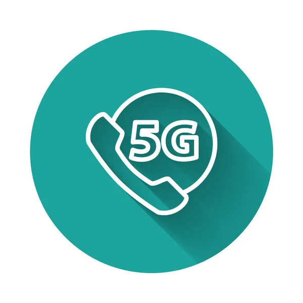 白线电话与5G新的无线互联网无线网络图标隔离长阴影 全球网络高速连接数据速率技术 绿色圆环按钮 — 图库矢量图片