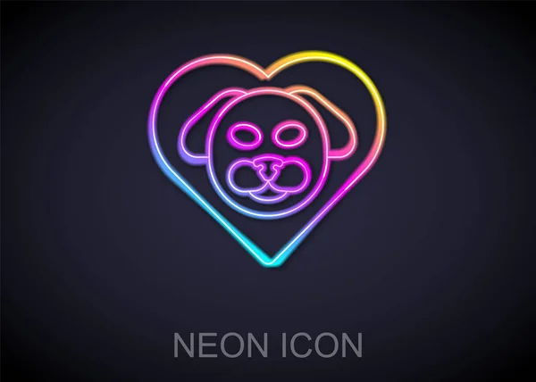 Gloeiende Neon Lijn Hart Met Hond Pictogram Geïsoleerd Zwarte Achtergrond — Stockvector