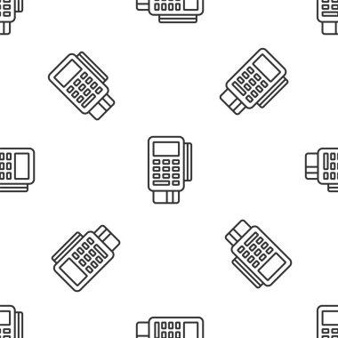 Gri çizgi POS terminali, eklenmiş kredi kartı ve yazdırılmış alıcı simgesi beyaz arka planda izole edilmiş kusursuz desen. NFC ödeme konsepti. Vektör