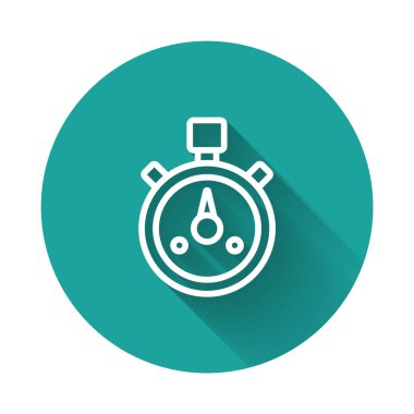 Beyaz çizgi Stopwatch simgesi uzun gölge arkaplanı ile izole edildi. Zaman göstergesi. Kronometre işareti. Yeşil daire düğmesi. Vektör