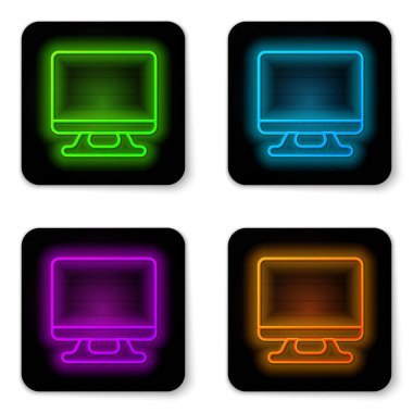 Parlayan neon hattı Akıllı TV simgesi beyaz arkaplanda izole edildi. Televizyon tabelası. Siyah kare düğme. Vektör