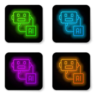 Parlayan neon hattı yapay zeka robot simgesi beyaz arkaplanda izole edildi. Makine öğrenme, bulut hesaplama. Siyah kare düğme. Vektör