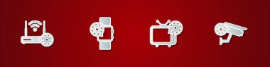 Yönlendirici ve kablosuz ağ ayarı, Smartwatch, TV ve güvenlik kamerası simgesini ayarlayın. Vektör.