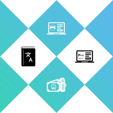 Çevirmen kitabını, otobüs biletini, çevrimiçi araba paylaşımını ve otel rezervasyon ikonunu ayarla. Vektör.