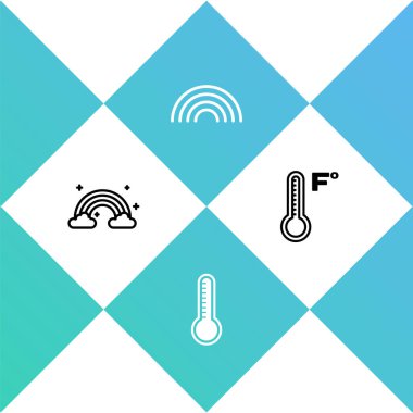 Gökkuşağını bulutlarla, Meteoroloji termometresiyle ve simgeyle ayarla. Vektör.