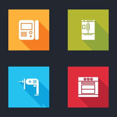 Ev dahili haberleşme sistemini, buzdolabını, elektrikli matkap makinesini ve fırın simgesini ayarla. Vektör.