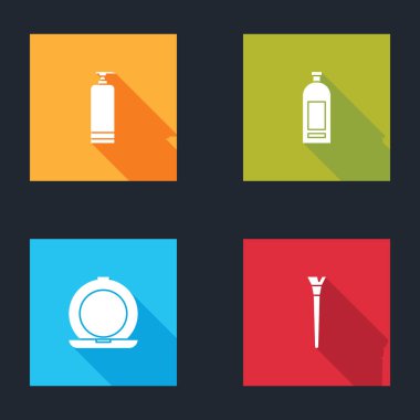 Krem kozmetik tüpü, şampuan şişesi aynalı makyaj tozu ve fırça ikonu. Vektör.