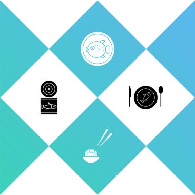 Konserve balık, suşi, puf ve ikon hazırla. Vektör.