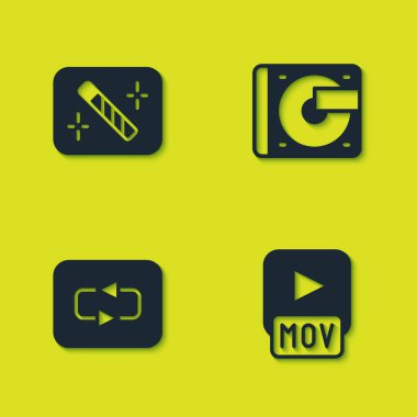 Fotoğraf rötuşlamasını, MOV dosyasını, Tekrarla düğmesini ve vinil disk simgesini içeren vinil oynatıcıyı ayarla. Vektör