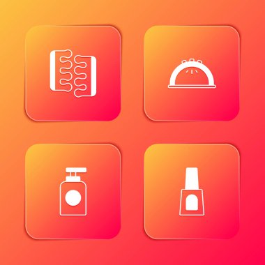 Ayak parmağı ayırıcısını pedikür, manikür lambası, el kremi tüpü ve oje ikonu için ayarla. Vektör