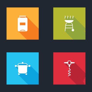 Reçel kavanozu, ızgara ızgara, tencere ve şarap tirbuşonu ikonu. Vektör