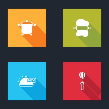 Pişirme kabını hazırla, hamurun üzerinde yuvarlanan iğne tepsi yemek ve mutfak çırpma ikonu ile kaplı. Vektör