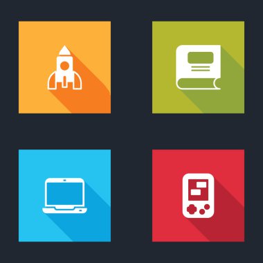 Roket oyuncağı, Book, Laptop ve Tetris elektronik oyun ikonunu ayarla. Vektör