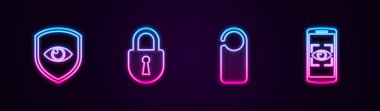 Hat kalkanını ve gözünü ayarla, kilitle, lütfen rahatsız etme ve mobil tarama yap. Parlayan neon ikonu. Vektör.