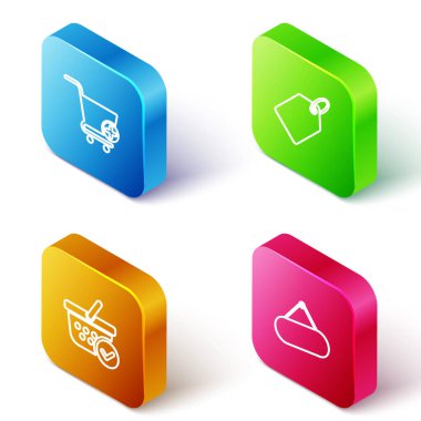 Isometric hattını ayarla Alışveriş arabasına ekle, etiket fiyat etiketi, işaretli sepet ve simge asma simgesini ekle. Vektör.