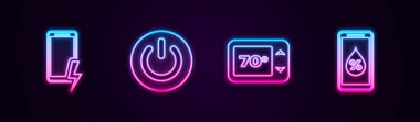 Akıllı ev için Hat Mobil şarj pili, Güç düğmesi, Termostat ve Nem ayarlayın. Parlayan neon ikonu. Vektör.