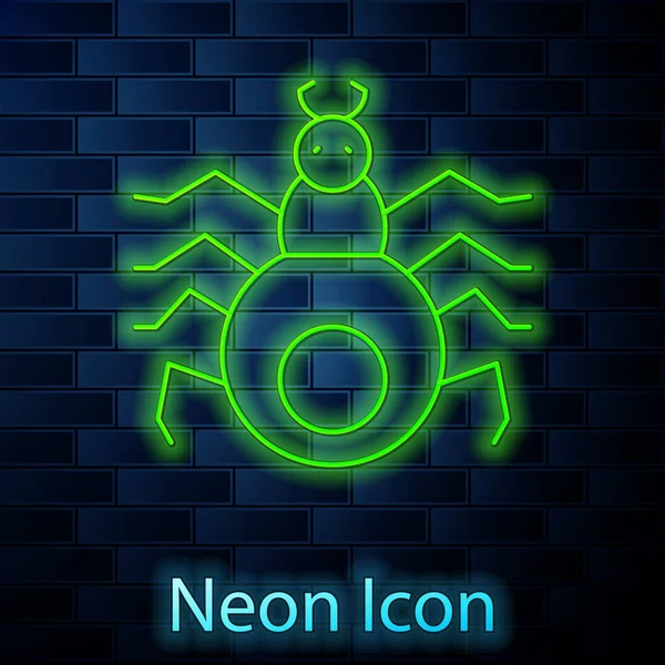 Glowing Neon Line Spider Icon Isolated Brick Wall Background Happy — Stock Vector