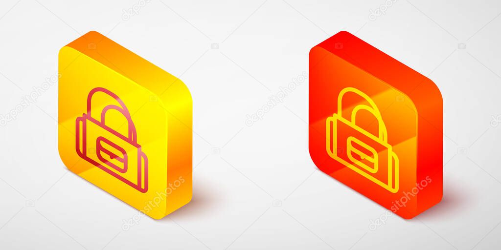 Isometric line Sport bag icon isolated on grey background. Yellow and orange square button. Vector