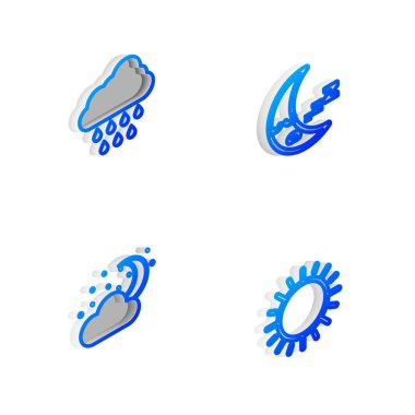 Isometric çizgi ay simgesini, yağmurlu bulutu, ayı, yıldızları ve güneş simgesini ayarla. Vektör.