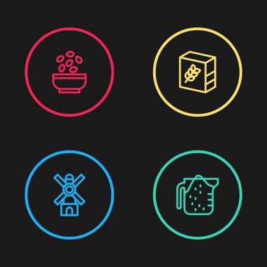 Hat değirmeni, ölçü kabı, un paketi ve tohum kasesi ikonu. Vektör