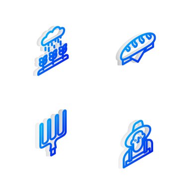 Isometric hattı ekmek somunu, yağmurda filizlenen bitki filizi, bahçe dirgeni ve çiftçi şapkası ikonu. Vektör