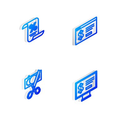 Isometric Line Çevrimiçi Bankacılık 'ı dolarla, Finans belgeleriyle, makaslarla para kesme ve Monitor simgesiyle ayarla. Vektör