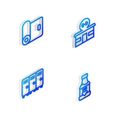 Isometric hattı spor salonu, fitness paspas rulosu, dolap ya da soyunma odası ve vitamin ikonu ayarla. Vektör