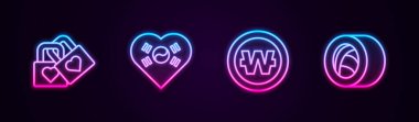 Kilidi yüreğinle kur, Kore 'yi sev, Güney Kore para ve suşi kazandı. Parlayan neon ikonu. Vektör