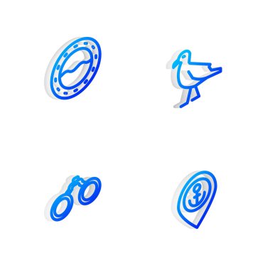 Isometric hattı kuş martısını, gemi lombozunu, dürbünü ve konumu çapa simgesiyle ayarla. Vektör